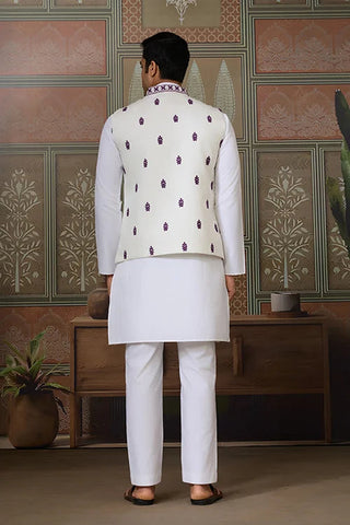 Classic White Mens Kurta Pajama with Stylish Purple Koti Clothsvilla