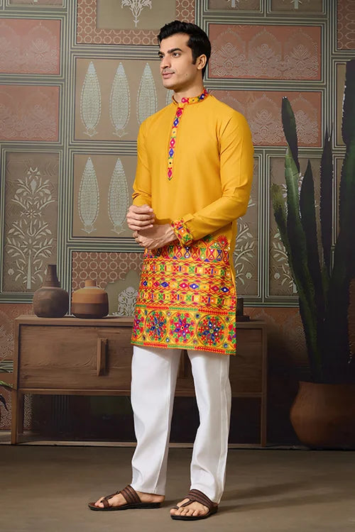 Classic Yellow Cotton Mens Ready to Wear Kurta for Navratri Clothsvilla