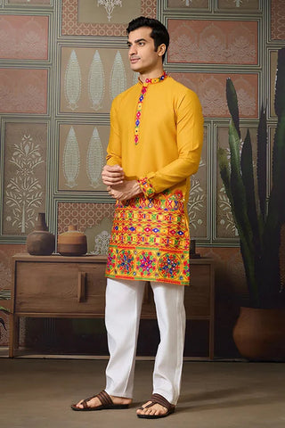 Classic Yellow Cotton Mens Ready to Wear Kurta for Navratri Clothsvilla