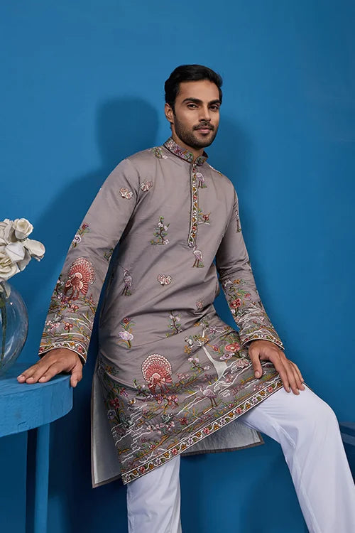 Classy Grey Embroidered Mens Kurta for Wedding Events Clothsvilla