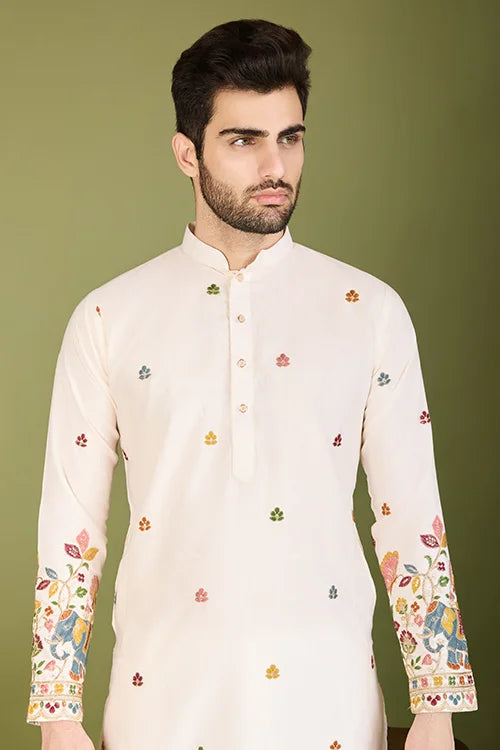 White Color Heavy Embroidered with Cotton Mens Wear Kurta Clothsvilla