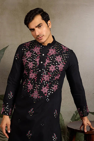 Black Mirror Work with Embroidered Kurta Set for Men Clothsvilla