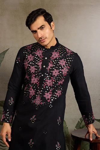 Black Mirror Work with Embroidered Kurta Set for Men Clothsvilla