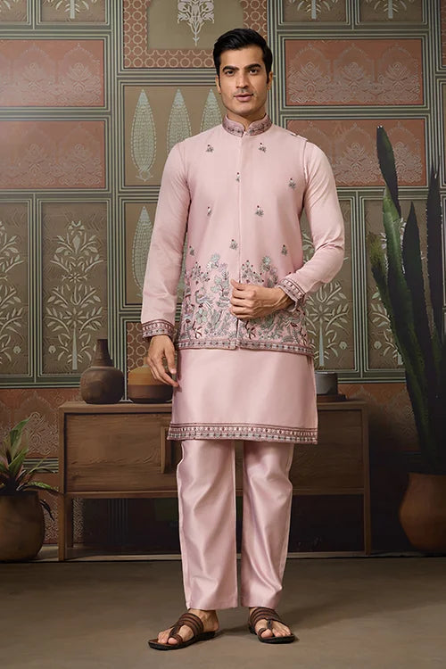 Pink Unique Color Embroidered Koti Kurta Pajama for Mens Clothsvilla