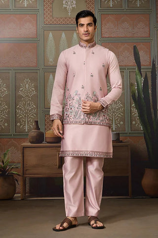Pink Unique Color Embroidered Koti Kurta Pajama for Mens Clothsvilla