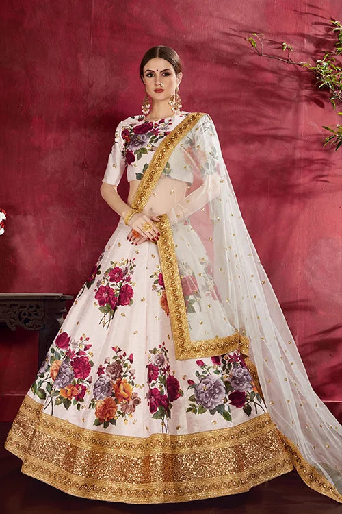 Collection For Women Floral Print Heavy Lehenga Choli Off- White Colour Clothsvilla Main image