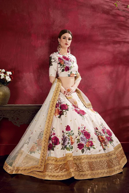 Collection For Women Floral Print Heavy Lehenga Choli Off- White Colour Clothsvilla