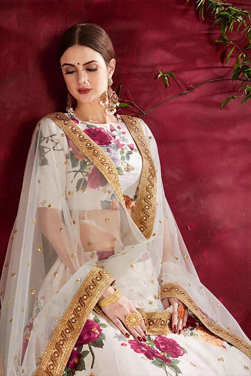 Collection For Women Floral Print Heavy Lehenga Choli Off- White Colour Clothsvilla