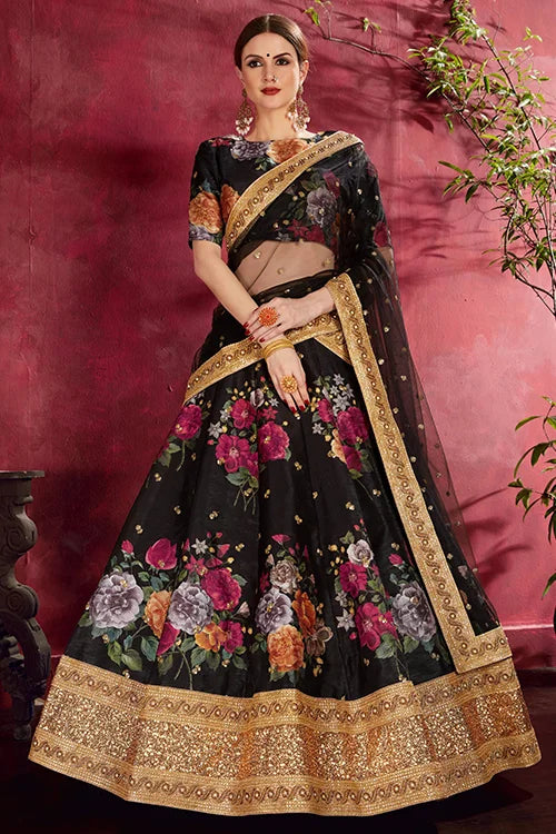 Collection For Women Floral Printed Lehenga Choli Black Colour Clothsvilla