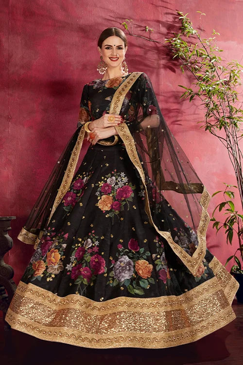 Collection For Women Floral Printed Lehenga Choli Black Colour Clothsvilla