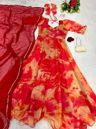 Copper Anarkali Gown with Digital Printed Jimmy Organza Silk ClothsVilla