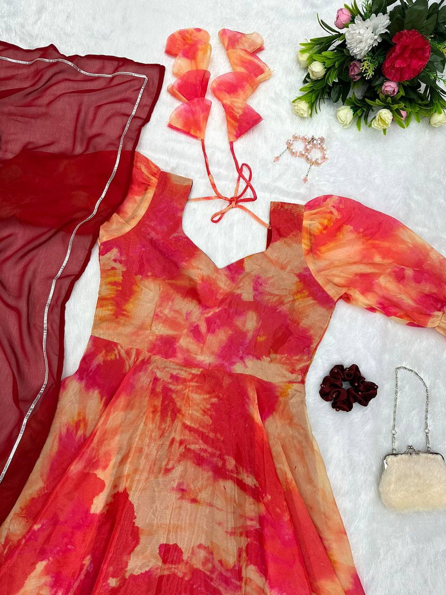 Copper Anarkali Gown with Digital Printed Jimmy Organza Silk