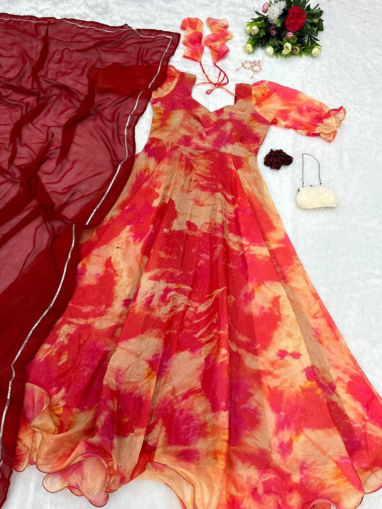 Copper Anarkali Gown with Digital Printed Jimmy Organza Silk ClothsVilla