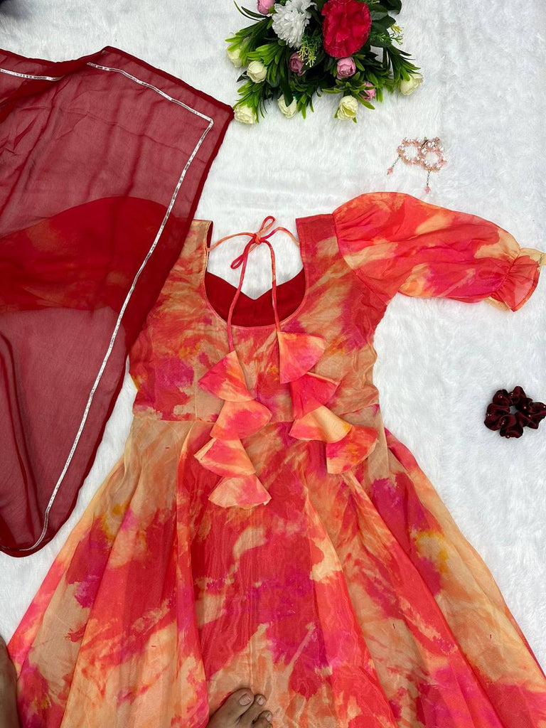 Copper Anarkali Gown with Digital Printed Jimmy Organza Silk ClothsVilla