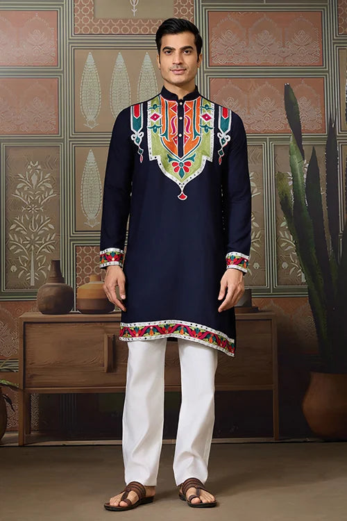 Navy Blue Embroidered Festival Wear Kurta for Men Clothsvilla