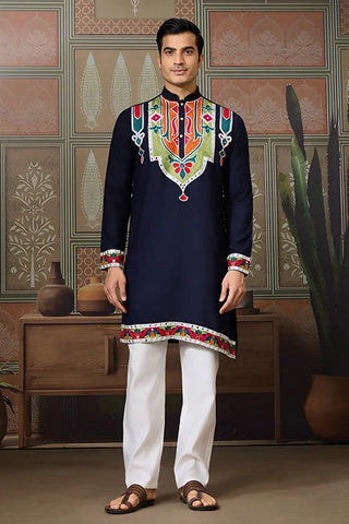 Navy Blue Embroidered Festival Wear Kurta for Men Clothsvilla