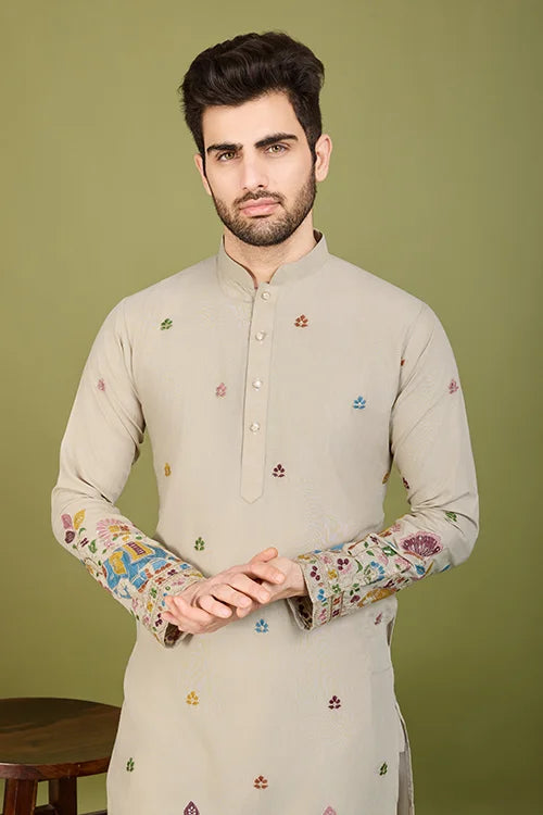 Ivery Color Embroidered Work Cotton Kurta for Men Clothsvilla