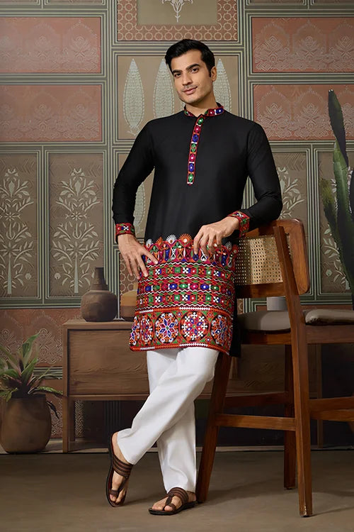 Black Cotton Silk Traditional Ready Kurta for Navratri Clothsvilla
