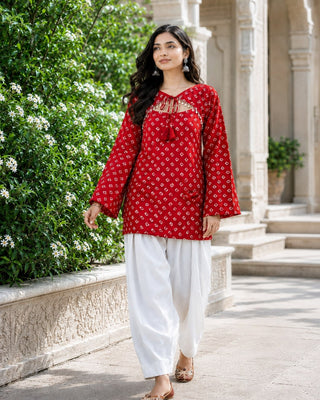 Cotton Bandhej Designer Kurti Outfit ClothsVilla