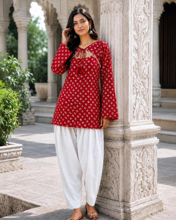 Cotton Bandhej Designer Kurti Outfit ClothsVilla