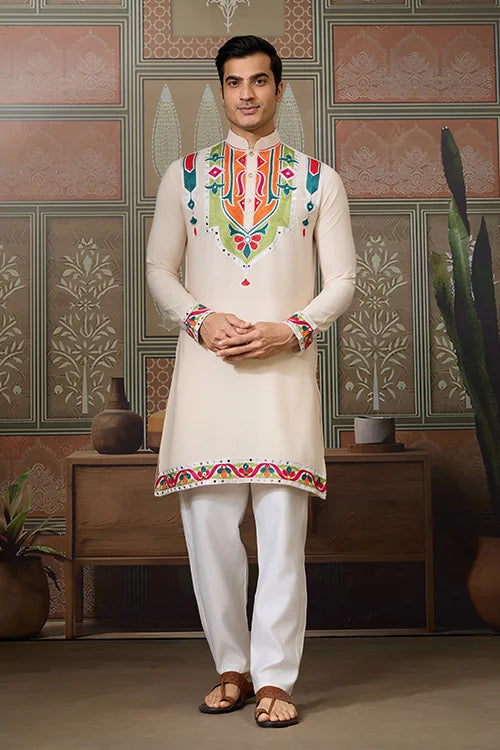 Cream Embroidered Festival Wear Kurta for Men Clothsvilla
