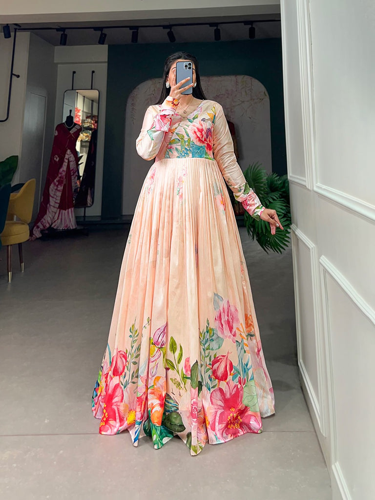 Cream Color Tussar Silk Ready to Wear Gown with Delicate Floral Print Cream Color Tussar Silk Ready to Wear Gown with Delicate Floral Print