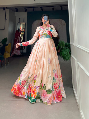 Cream Color Tussar Silk Ready to Wear Gown with Delicate Floral Print ClothsVilla