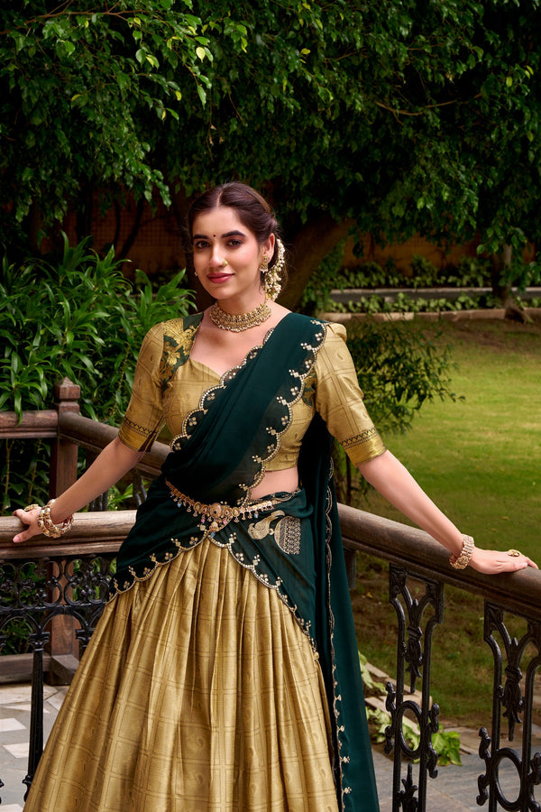 Cream Traditional Poly Cotton Lehenga with Zari Weaving Work & Georgette Embroidered Dupatta – Stitched Lehenga with Unstitched Blouse Clothsvilla