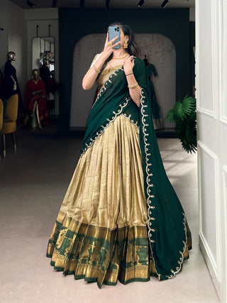Cream Traditional Poly Cotton Lehenga with Zari Weaving Work & Georgette Embroidered Dupatta – Stitched Lehenga with Unstitched Blouse Clothsvilla