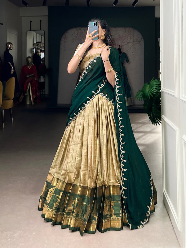 Cream Traditional Poly Cotton Lehenga with Zari Weaving Work & Georgette Embroidered Dupatta – Stitched Lehenga with Unstitched Blouse Clothsvilla