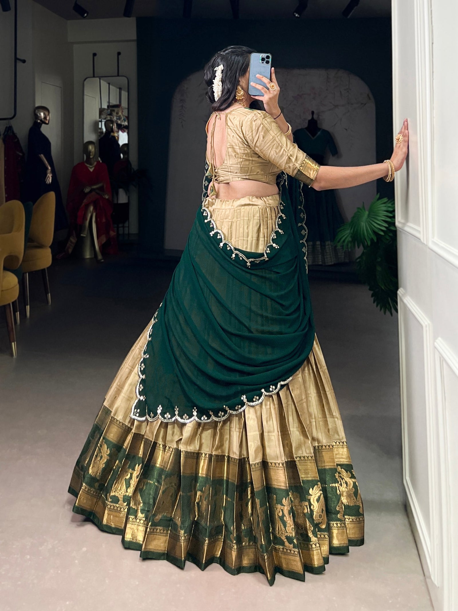 Cream Traditional Poly Cotton Lehenga with Zari Weaving Work & Georgette Embroidered Dupatta – Stitched Lehenga with Unstitched Blouse Clothsvilla