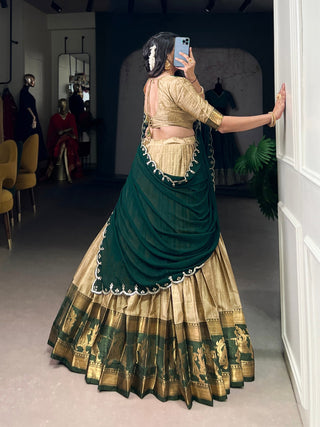 Cream Traditional Poly Cotton Lehenga with Zari Weaving Work & Georgette Embroidered Dupatta – Stitched Lehenga with Unstitched Blouse Clothsvilla