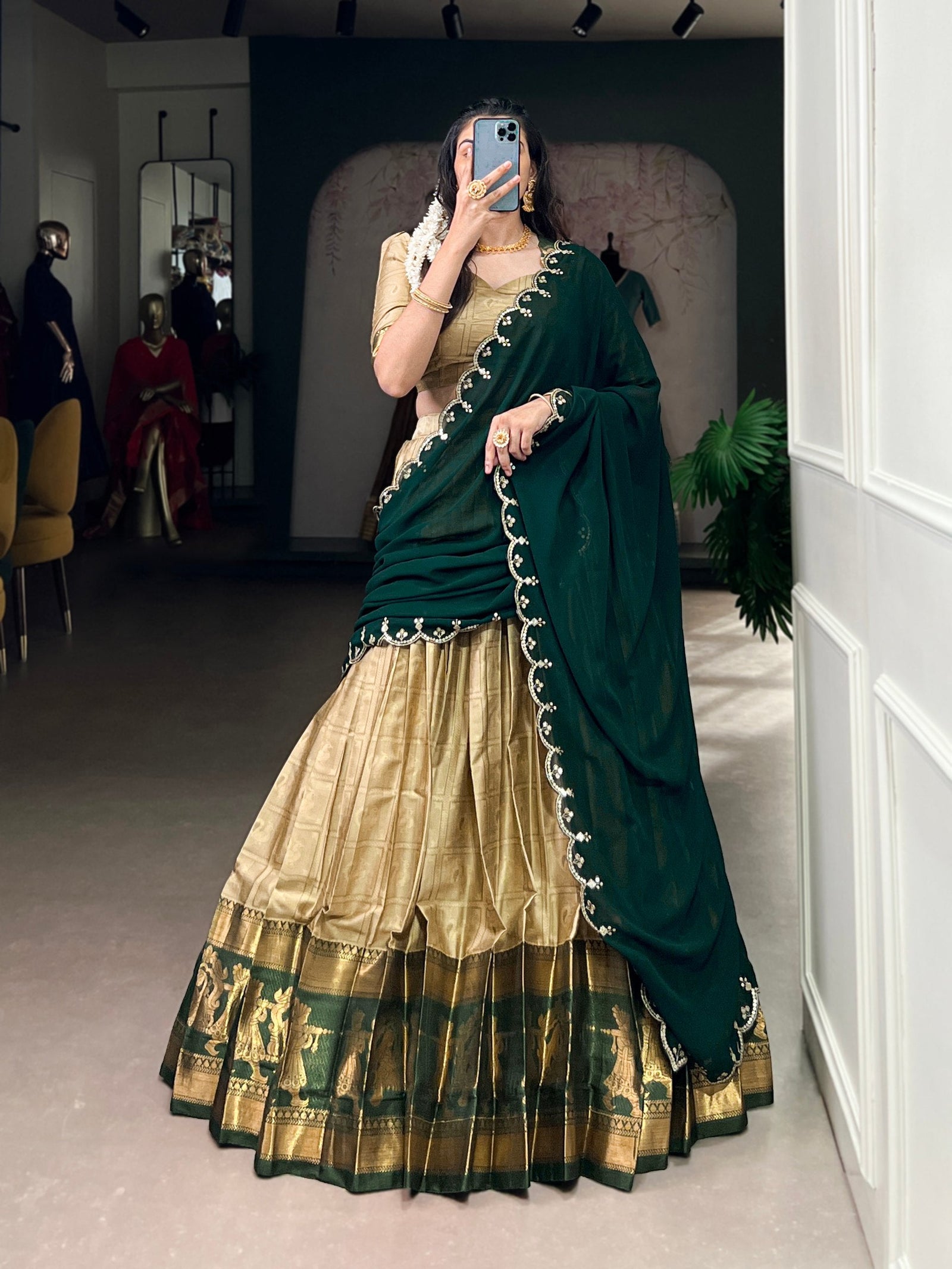Cream Traditional Poly Cotton Lehenga with Zari Weaving Work & Georgette Embroidered Dupatta – Stitched Lehenga with Unstitched Blouse Clothsvilla