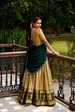 Cream Traditional Poly Cotton Lehenga with Zari Weaving Work & Georgette Embroidered Dupatta – Stitched Lehenga with Unstitched Blouse Clothsvilla