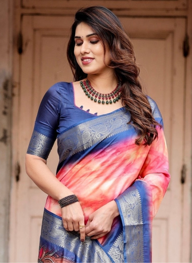 Pink and Blue Digital Printed Saree with Peacock Motif and Tassel Detail DIGITAL PRINT