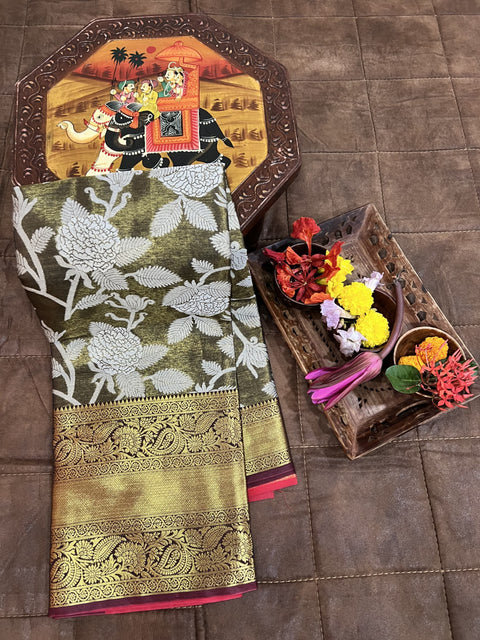 Exquisite Kanjivaram Silk Dark Green Saree with Zari Weaving Work ClothsVilla Main image