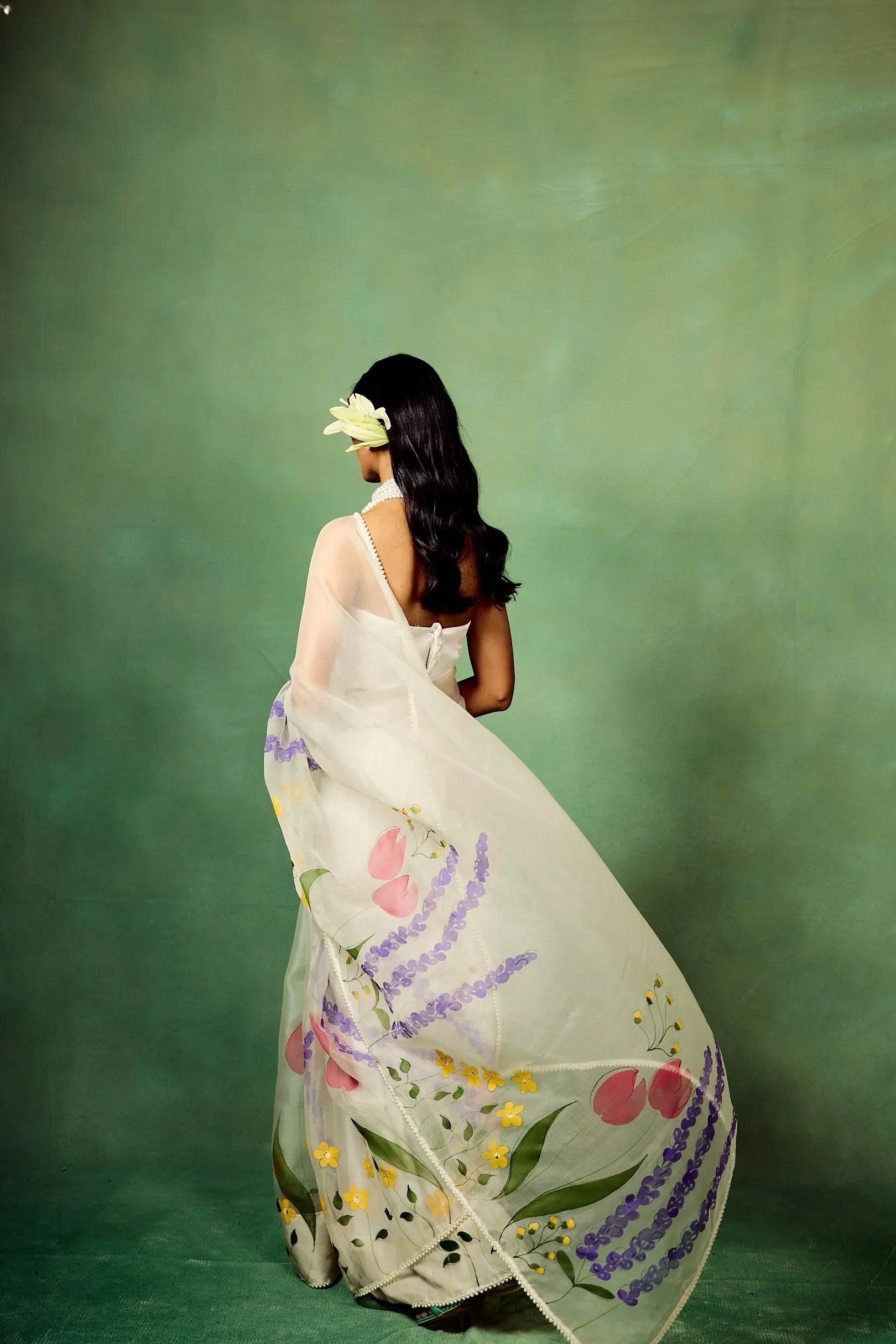 Ivory Pure Organza Hand-Painted Saree with Multicolor Floral Motifs & Sequin Accents | Modal Satin Blouse FANCY SAREES