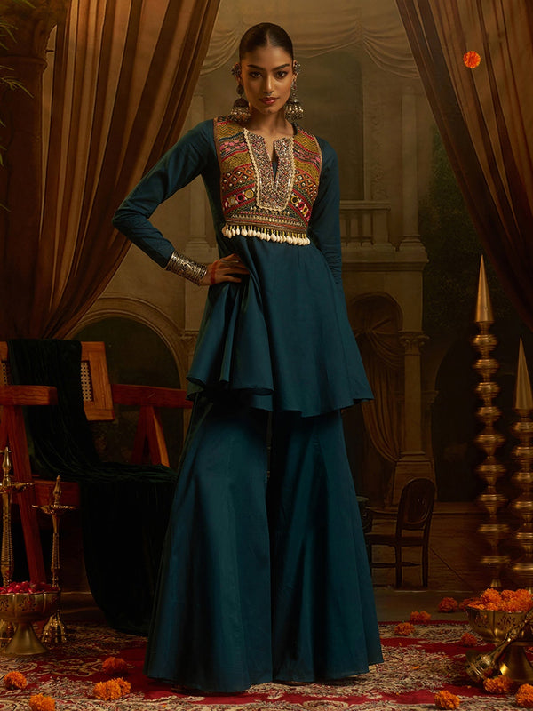 Peacock Teal Blue Mul Cotton Handwork Navratri Dress ClothsVilla