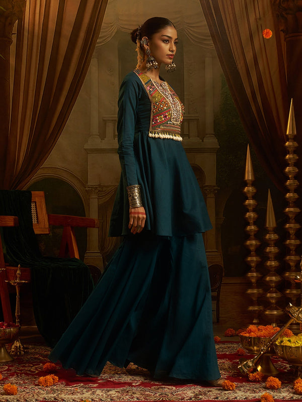 Peacock Teal Blue Mul Cotton Handwork Navratri Dress ClothsVilla