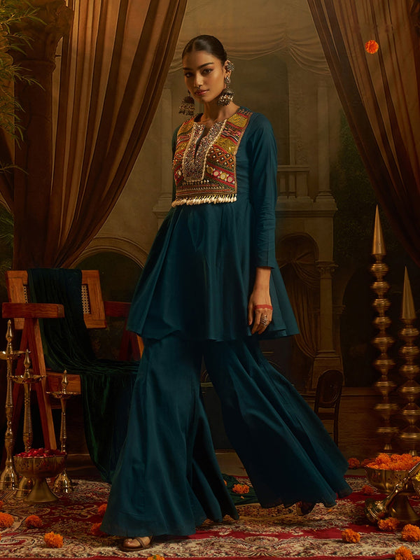 Peacock Teal Blue Mul Cotton Handwork Navratri Dress ClothsVilla