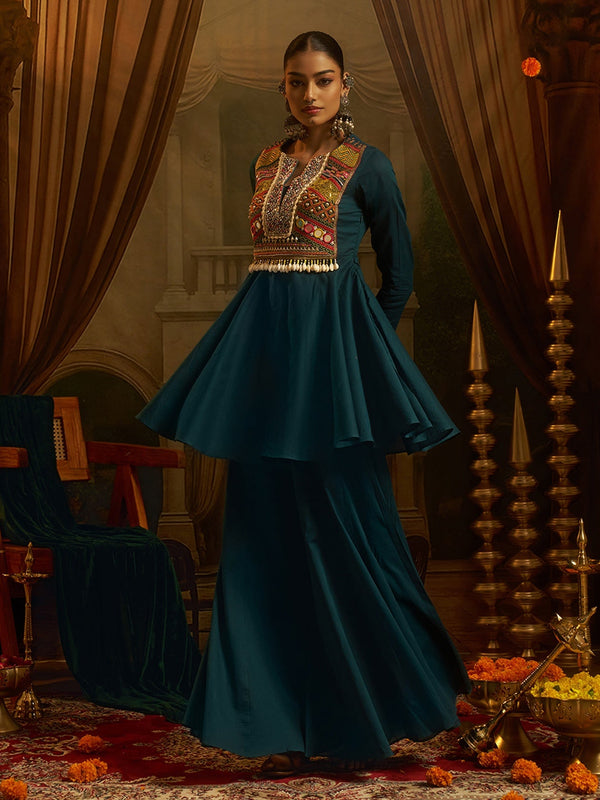 Peacock Teal Blue Mul Cotton Handwork Navratri Dress ClothsVilla