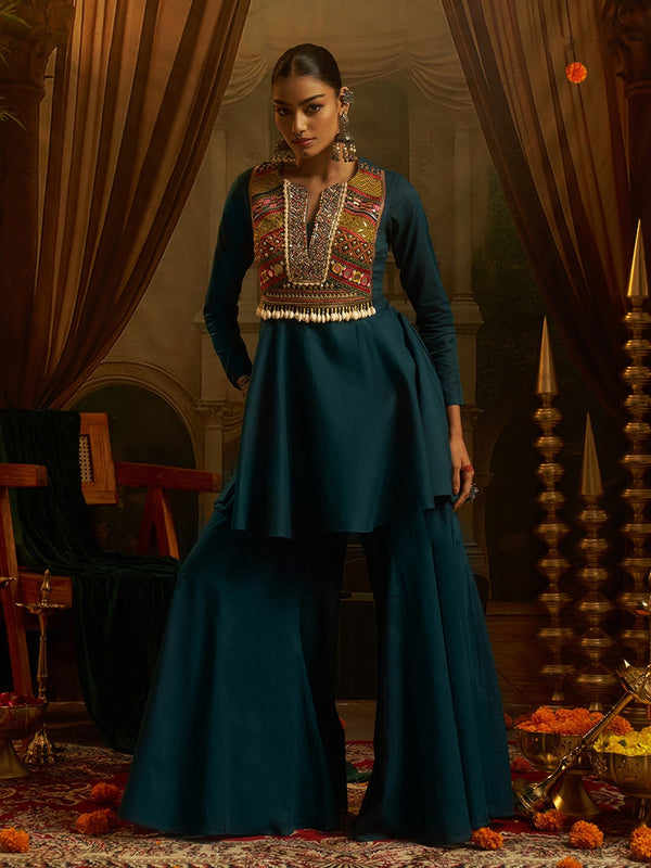 Peacock Teal Blue Mul Cotton Handwork Navratri Dress ClothsVilla