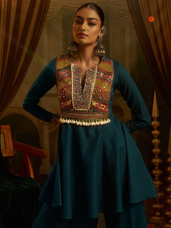 Peacock Teal Blue Mul Cotton Handwork Navratri Dress ClothsVilla