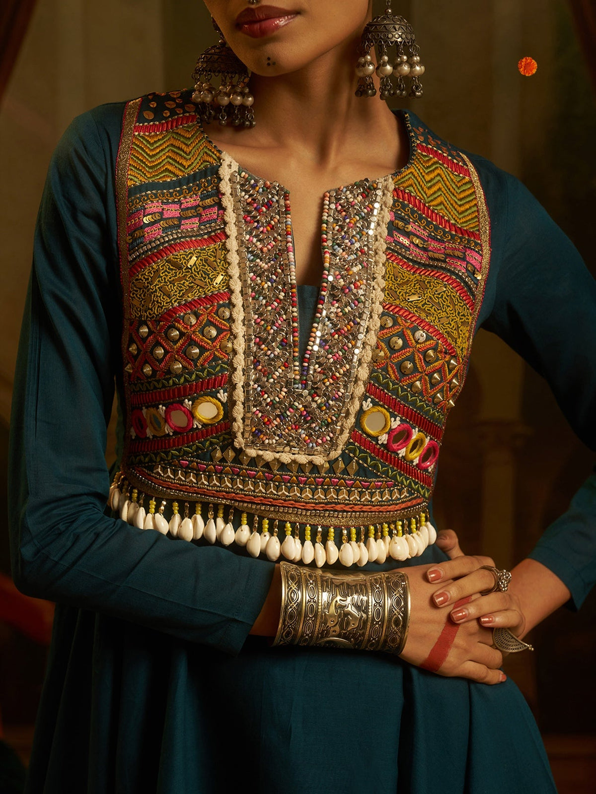 Peacock Teal Blue Mul Cotton Handwork Navratri Dress ClothsVilla