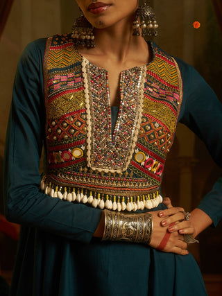 Peacock Teal Blue Mul Cotton Handwork Navratri Dress ClothsVilla