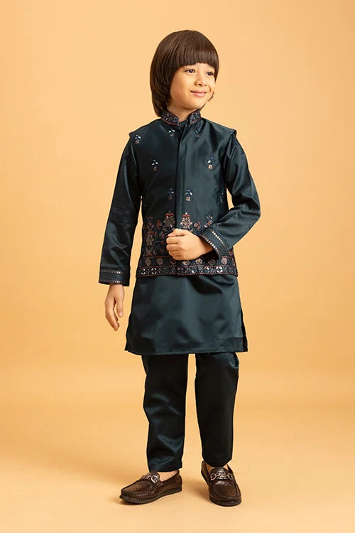 Dark Green Mirror Work Embroidered Koti Kurta for Kids Wear Clothsvilla