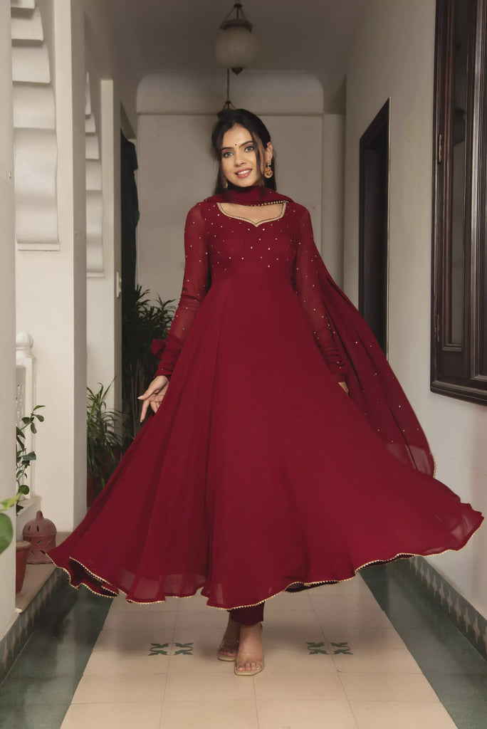 Dark Red Fully Flared Anarkali Set With Beautiful Sequins Work ClothsVilla