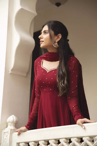 Dark Red Fully Flared Anarkali Set With Beautiful Sequins Work ClothsVilla