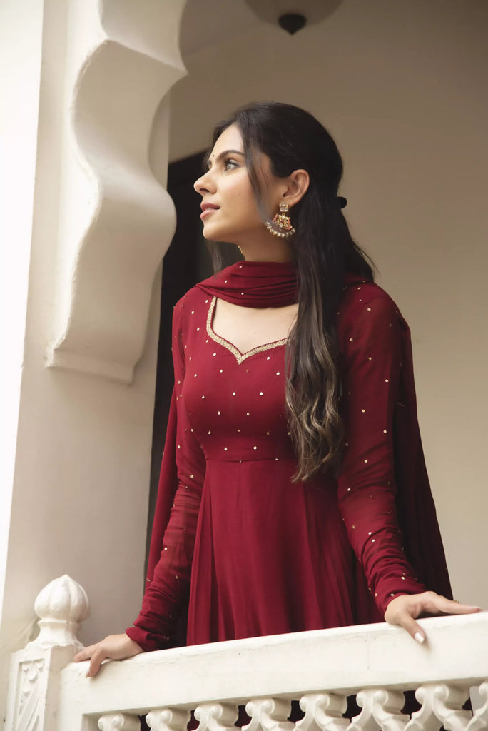 Dark Red Fully Flared Anarkali Set with Beautiful Sequins Work - Clothsvilla S-36 Dark Red Fully Flared Anarkali Set with Beautiful Sequins Work - Clothsvilla S-36