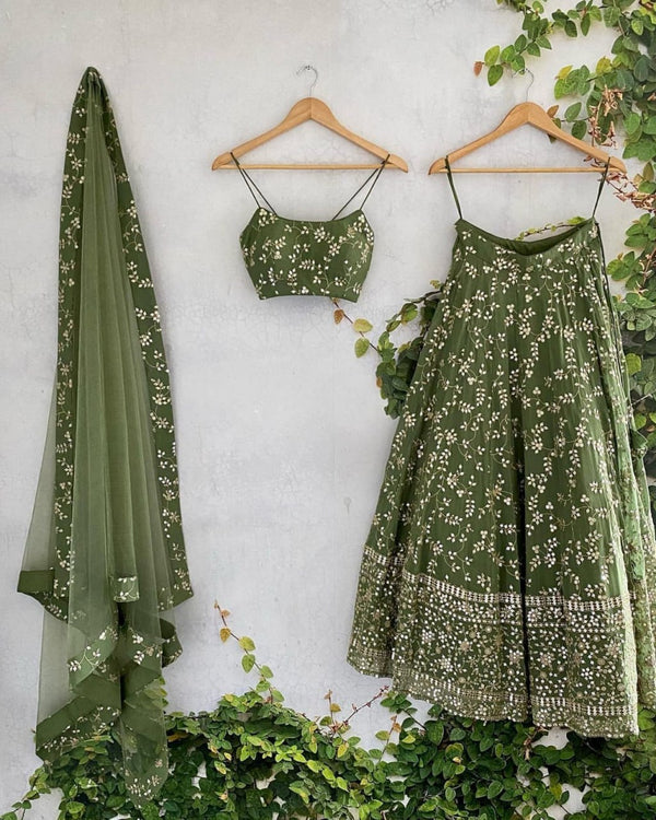 Dark Green Georgette Semi-Stitched Lehenga with 7mm Sequins & Zari Embroidery  Soft Net Dupatta Unstitched Blouse ClothsVilla